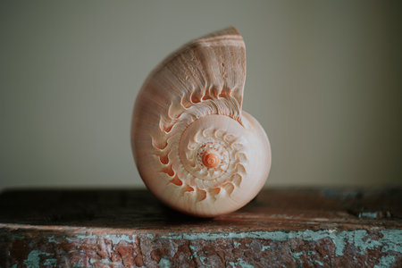 An image of a large empty ocean snail shell. Underwater animals. Seashells. Interior photo. Melo Diademの写真素材