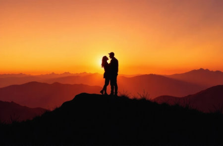 couple in love at sunset on the mountainの素材