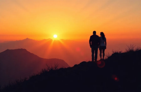 couple in love at sunset on the mountainの素材