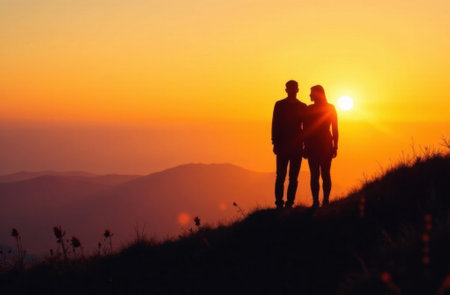 couple in love at sunset on the mountainの素材