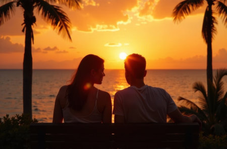 young couple man and woman hugging at sunset, love concept, valentines dayの素材