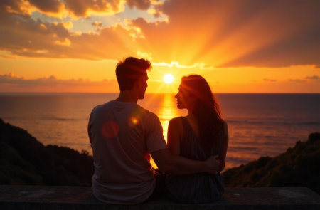 young couple man and woman hugging at sunset, love concept, valentines dayの素材