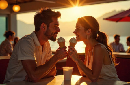 young couple in love man and woman eating ice cream, concept love, romance, valentines dayの素材