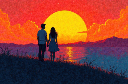 young couple man and woman hugging at sunset, love concept, valentines dayの素材