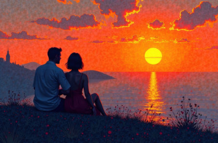 young couple man and woman hugging at sunset, love concept, valentines dayの素材