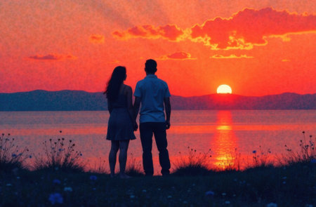 young couple man and woman hugging at sunset, love concept, valentines dayの素材