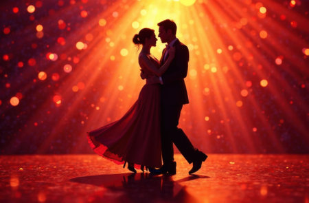 silhouette of a couple in love dancing at sunsetの素材