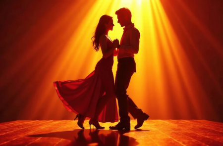 silhouette of a couple in love dancing at sunsetの素材