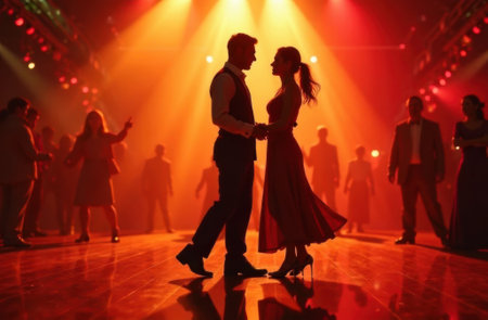 silhouette of a couple in love dancing at sunsetの素材