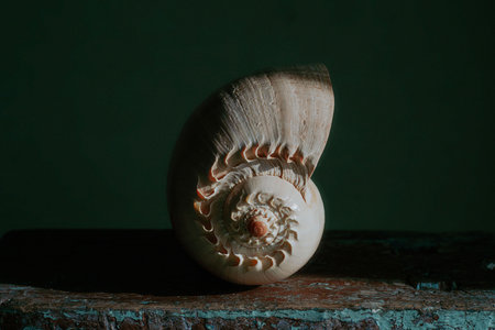 An image of a large empty ocean snail shell. Underwater animals. Seashells. Interior photo. Melo Diademの写真素材
