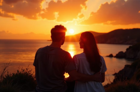 young couple man and woman hugging at sunset, love concept, valentines dayの素材