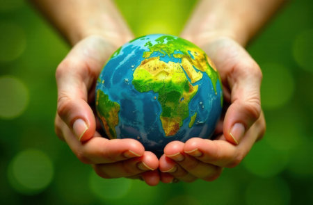 Globe in hands. Green Planet Earth Day or Environment Day concept. Paris Agreement concept. Ecology...