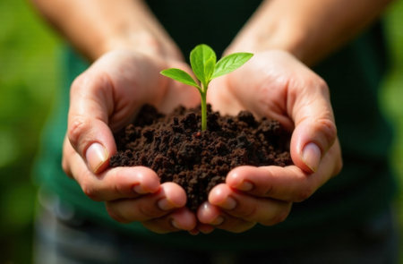 hand holding young plant on blur green nature background. concept eco earth dayの写真素材