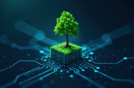 Tree growing on a digital Circuit ball. Convergence of digital and technology. Earth Day concept. Save the planet. Think about the environment. Paris Agreement concept. Ecology concept.の写真素材