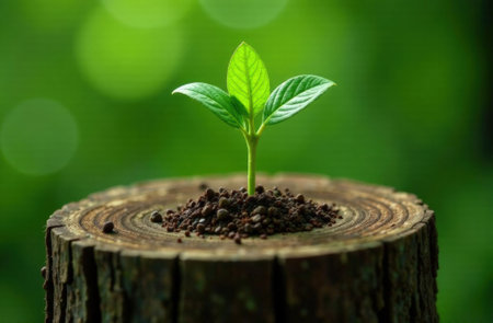 Close-up of trees new life growth ring. Strong green leaf of a plant growing on an old wooden stump. Hope for a new life in a future natural environment,の写真素材