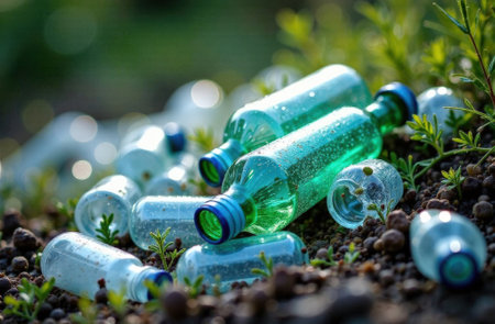 Colored plastic bottles. Green Planet Earth Day or Environment Day concept. Paris Agreement concept. Ecology concept.の写真素材