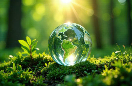 Crystal land in a forest environment. Earth Day concept. Save the planet. Think about the environment. Paris Agreement concept. Ecology concept.の写真素材