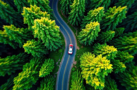 Aerial road from above in forest with car motion blur. Winding road through the forest. A car ride along the road between the green forest. Earth Day concept. Save the planet.の写真素材