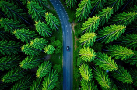 Aerial road from above in forest with car motion blur. Winding road through the forest. A car ride along the road between the green forest. Earth Day concept. Save the planet.の写真素材