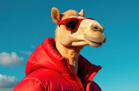 Stylish camel, wearing a red down jacket and red sunglasses, monochrome blue background, commercial photography, advertising posterの素材
