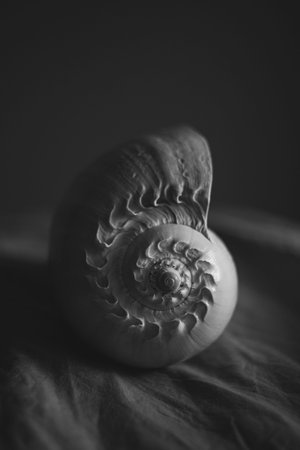 A black and white photograph of a chambered nautilus shell Nautilus pompilius shows a beautiful spiral pattern.の写真素材