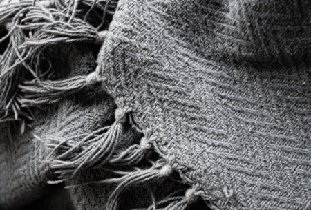 Decorative blanket of rustic herringbone fabric in grey with woollen fringes.の写真素材