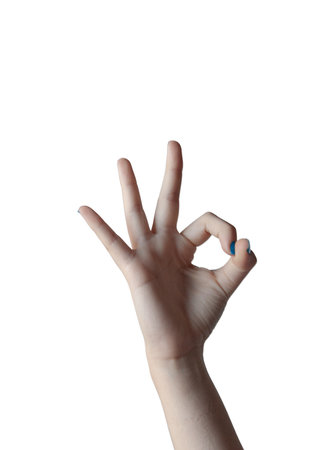 Female hand showing ok gesture isolated on white background. Acceptance sign