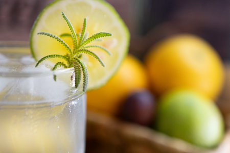 Close up picture of refreshing lemonade drink for a hot summer day. Out of focus background of fresh fruit.の写真素材