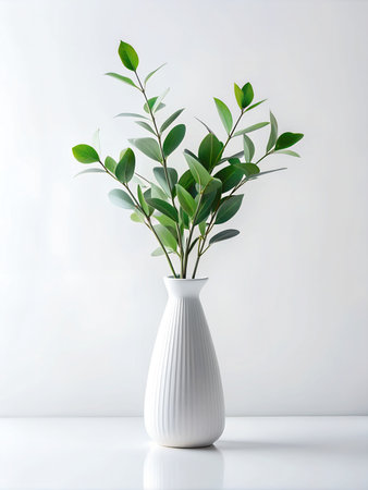 Elegant white vase with green leaves in light background.Modern design concept.Generated by AIの素材