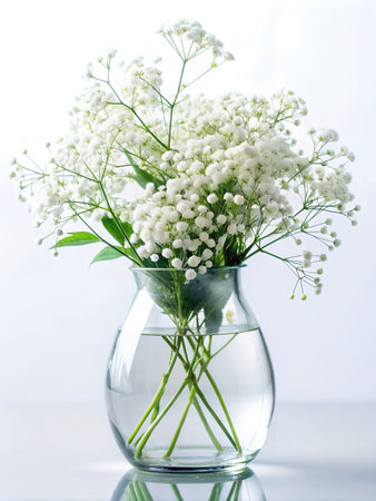 Gypsophila flowers in vase in transparent glass vase on white background. Front view. Place for text, copy space.Generated by AIの素材