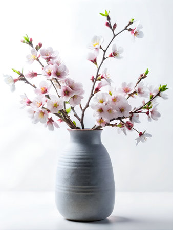 Cherry blossom and green leaves in grey rustic vase. White background .Generated by AIの素材