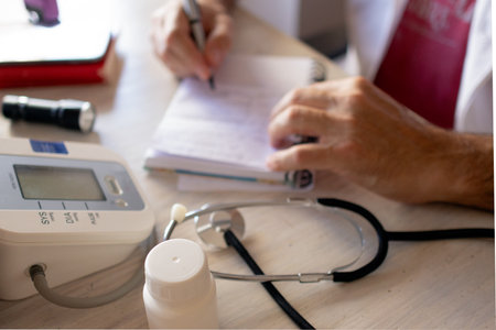 A doc in consultation taking notes while listening to his patient. Concept of cardiac care