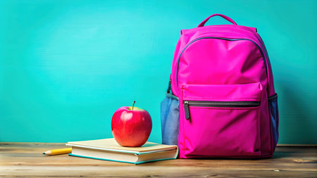 Bright pink backpack,some supplies and an apple.Pastel background.の素材