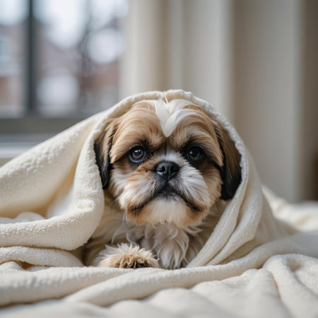 Cute shih tzu puppie coming out under a white blanket next to the windowの素材