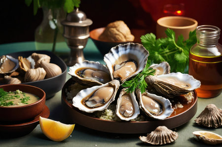 American Oyster Day.A table with fresh oysters ready for a dinner.の素材