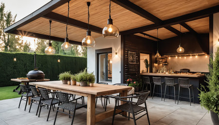 Outdoor space of a country house with fine design decorations.Horizontal shot for design advertising and magazines. Copy space. AI generated.の素材