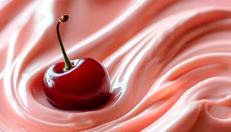 Berry fruit wallpaper.Dark red cherries glowing in creamy surface texture.Space for text. Healthy fresh fruit. AI generated. Ideal background for gourmet postings and promotionsの素材