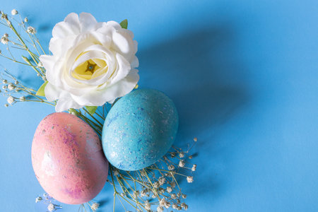 Homemade painted eggs. Pastel coloured Easter eggs. Horizontal real picture. Colorful Easter eggs on the traditional day of Easter.の写真素材