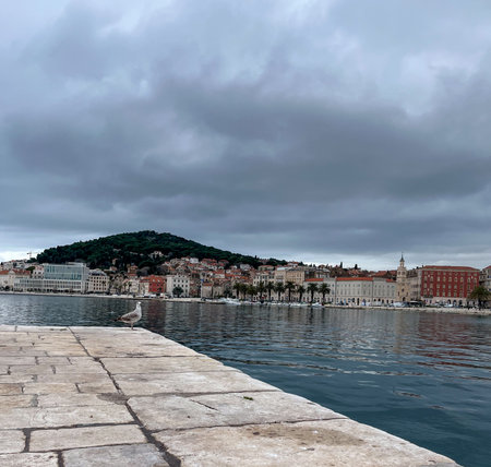 Riva of Split with view of the historic center. Split City declared World Heritage Site. Tourist sites full of history. Images for travel and tourism agenciesの写真素材