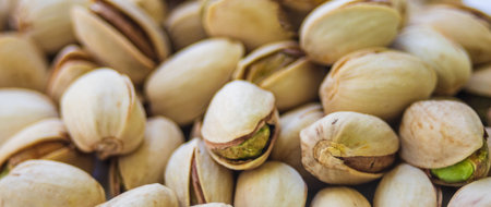 Macro photography of pistachios with special attention to texture and freshness. Ideal for vegan and healthy eating images.の写真素材