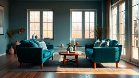 Blue-green sofa in fabric texture in a stylish winter living area. Natural light.Copy space. Ideal for decoration magazines.の素材