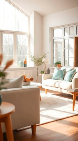Modern Scandinavian Living Room with Organic Materials.Minimal home design with chalk white tones, teal details, and abundant natural light for a sustainable, stylish winter.の素材