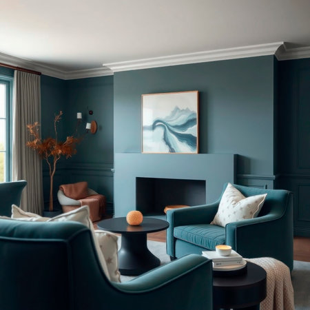 Minimalist winter interior featuring cozy textiles, layered textures, and natural elements in a modern green-blue design. A perfect blend of minimalism and warmth.Sustainable Home Design .の素材