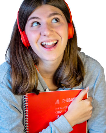 Modern teen girl using headphones, expressive isolated pose, cutout for digital lifestyle,...
