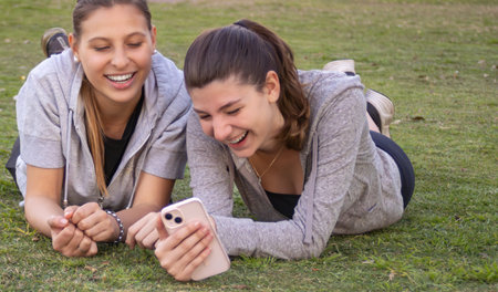 Two young women enjoying themselves and laughing after an outdoor workout in the park. Horizontal shot. Casual sport outfit. Teenager lifestyle conceptの写真素材