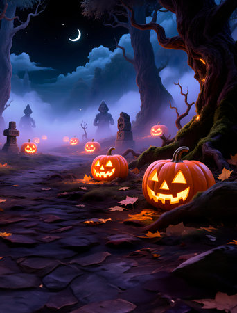 Vertical shot of spooky forest on a dark night with glowing pumpkinsの素材