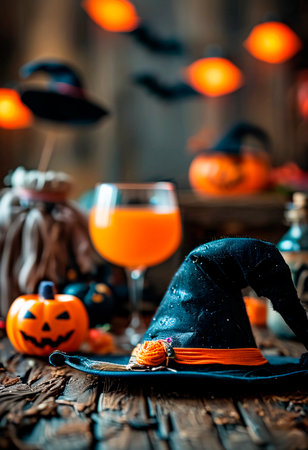 Scary drinks decorated with witch hats at a Halloween barの素材