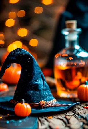 Rum bottle decorated with black witch hats in a Halloween barの素材