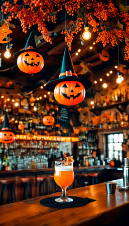 Halloween bar scene with cocktails and festive decor.の素材