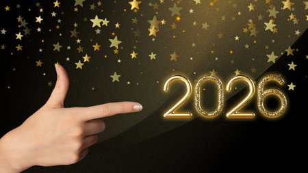 Elegant New Year 2026 celebration design with woman hand and glitter, ideal for marketing, invitations, and social media campaigns.の写真素材